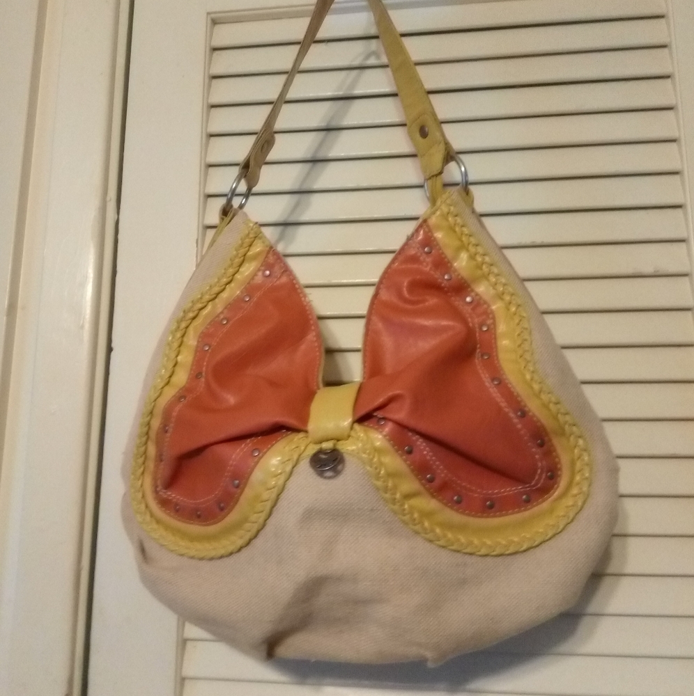 Mariposa Cream Canvas Hobo with Orange and Yellow Trim